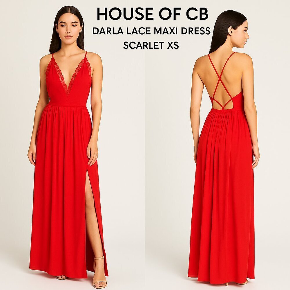 House of CB Darla Scarlet Lace Maxi Red Plunge V-Neck, Crisscross Back SZ XS